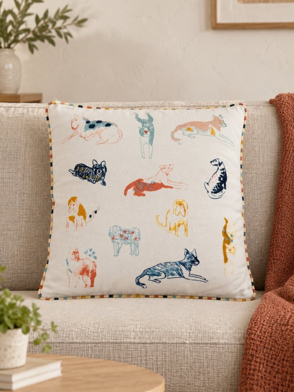 ANTHROPOLOGIE Dog-Themed Cushion Pillow Pooch Lounging Hounds Striped Stripe NEW